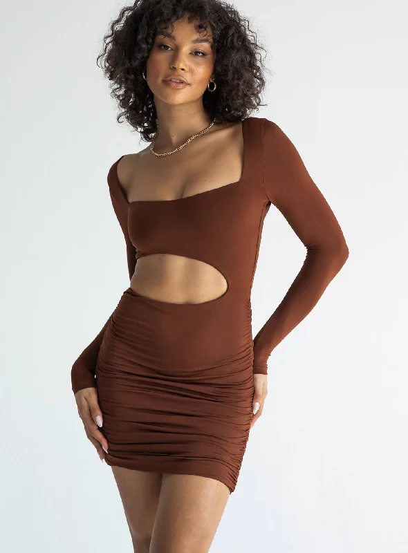 Corset dresses with metallic colors and sequins for formal parties and special occasions to dazzle and impress -Maddox Mini Dress Brown